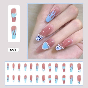 korean nails long coffin nails with baby blue cheetah print flames and heart press on nails