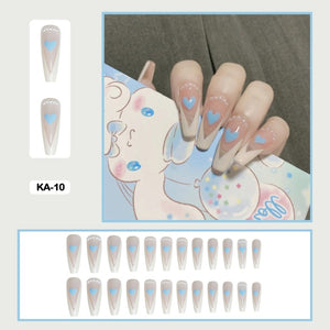 cute korean japanese nails baby blue heart long coffin press on nails set fake nails