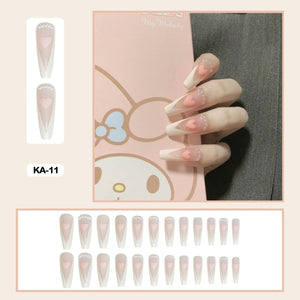 cute korean japanese nails pink heart long coffin press on nails set fake nails