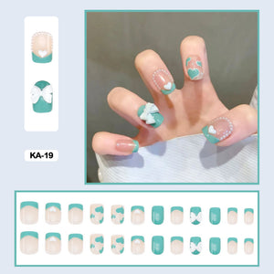 cute spring nails korean green french tip press on nails