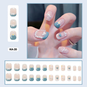 cute korean nails summer nails teal floral press on nail set