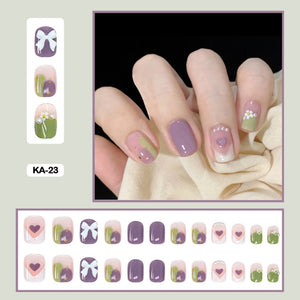 spring nails purple and green press on nails set korean manicure watercolor nails