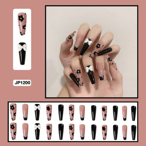 korean nails black long coffin press on nail set