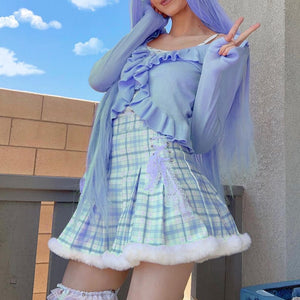 Harajuku Kawaii Fashion Fur Rim Corset Lacing Pleated Skirt