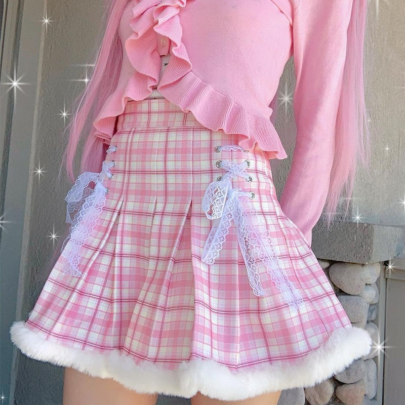 Harajuku Kawaii Fashion Fur Trim Corset Lacing Pleated Skirt