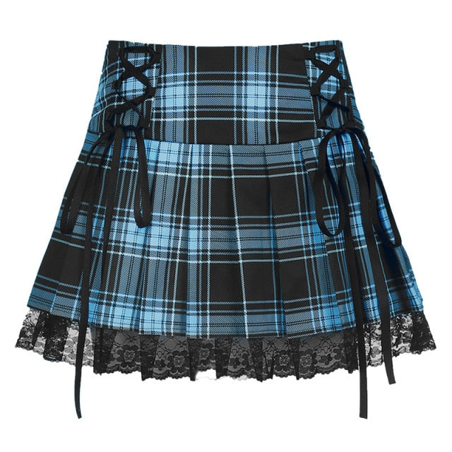 Harajuku Kawaii Fashion Y2K Corset Lacing Plaid Lace Mini Skirt