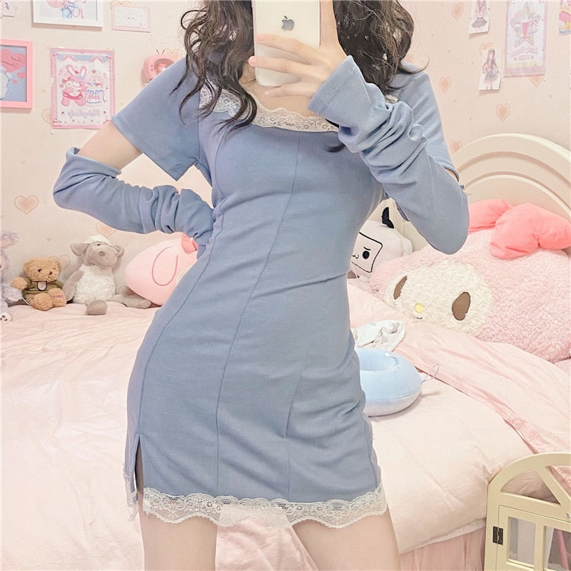 knee length dresses for ladies and Kawaii Mini Dress, Square Neck, Short Sleeve, Simple, Casual, Korean Style main image 1