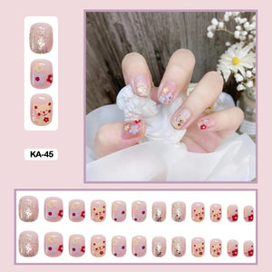 korean nails sheer pink floral bear press on nail set