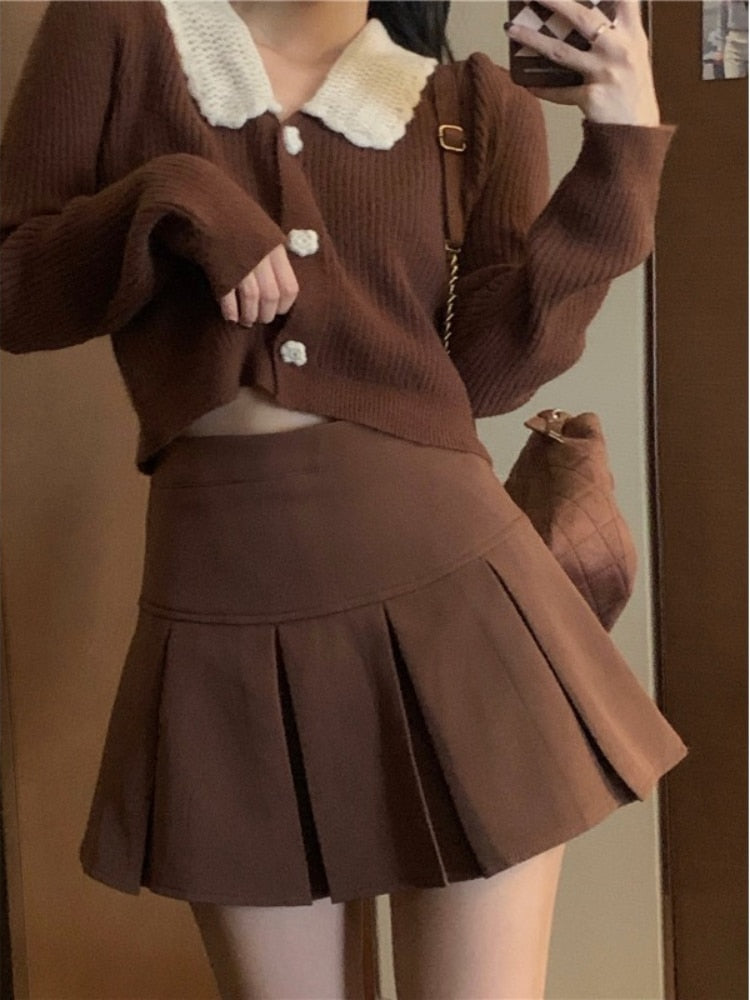 Harajuku Kawaii Fashion Brown Cardigan and Skirt Set – The Kawaii