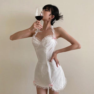 Korean Aesthetic Coquette Dollette Corset Style White Lace Dress