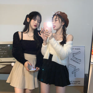 Harajuku Korean Style Fuzzy Pastel Tank Top and Cardigan Set