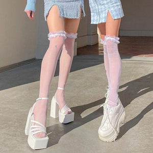 Harajuku Kawaii Fashion White Ruffle Overknee Stockings