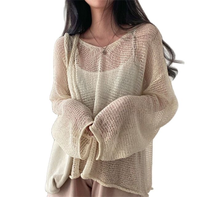 【COSYHARU】[UNISEX] Stripe see-through knit Harajuku Ulzzang Neutral Striped Knit Sweater (Beige/Brown
