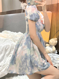 Harajuku Kawaii Fashion Fairycore Watercolor Print Babydoll Dress
