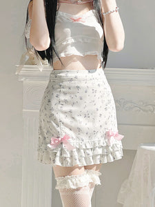 Harajuku Kawaii Fashion Dollcore Coquette Aesthetic Floral Chiffon Bow Skirt