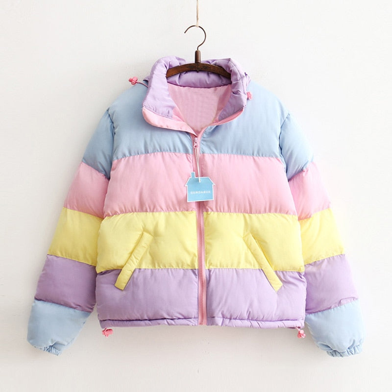 Womens Kawaii Aesthetic Cute Pastel Rainbow Puffer Jacket – The