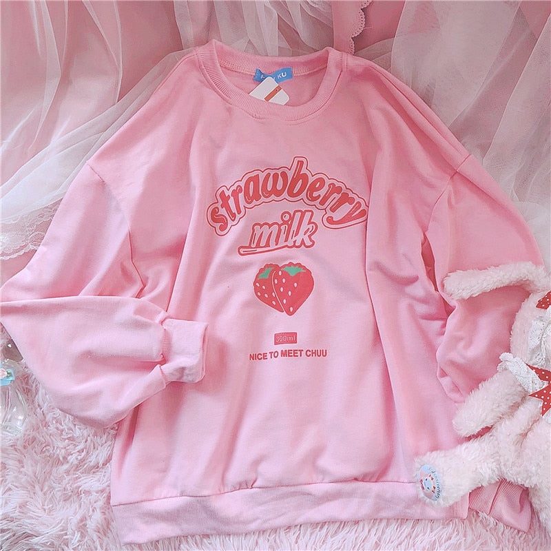 Kawaii Strawberry Milk Print T-shirt - Kawaii Fashion Shop