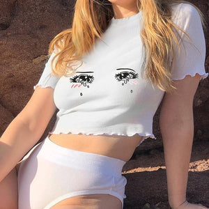 Harajuku You Made Her Cry Embroidered Crop Top (White)