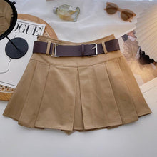 womens aesthetic beige pleated mini skirt with brown belt