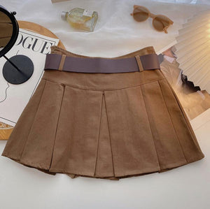 womens aesthetic brown mini skirt with pleats