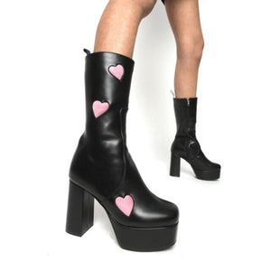 womens black gogo boots with pink hearts