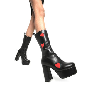 womens chunky heel platform black gogo boots with red hearts 