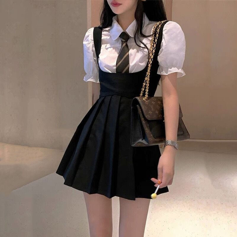 Womens Dark Academia Aesthetic Shirt Pinafore Dress Set The Kawaii Factory Womens Dark Academia Aesthetic Shirt Pinafore Dress Set The Kawaii Factory