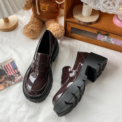 womens gyaru shoes chunky platform loafers brown dark red burgundy patent leather