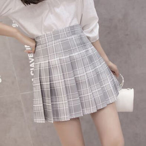 womens korean fashion high waisted check pleated mini skirt light gray